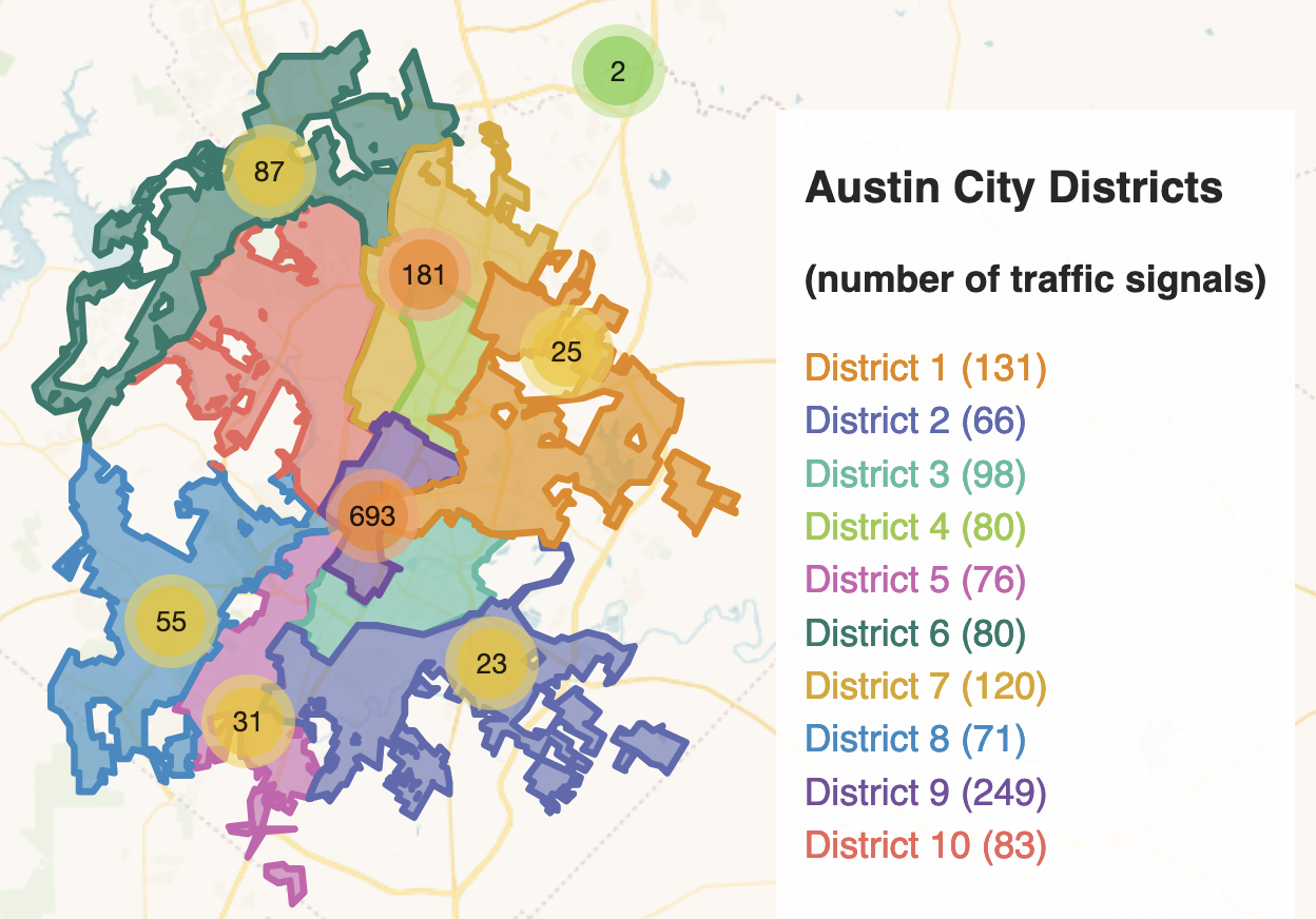 A map of the number of traffic signals in Austin City districts, with numbers in circles representing clusters of data