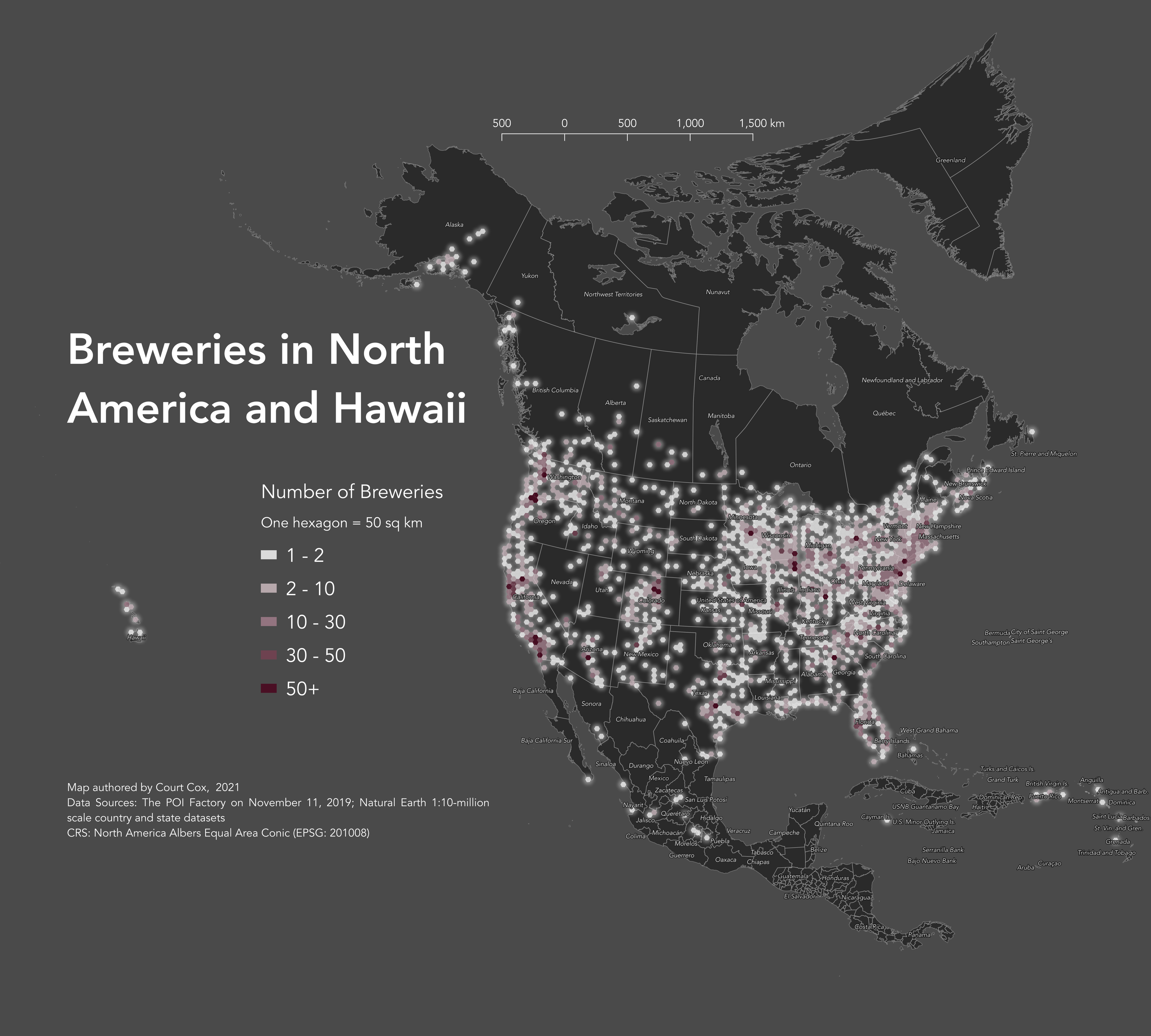 A map of breweries in North America and Hawaii, showing darker colors where there are lots of breweries within 50 square kilometers, and lighter colors with fewer. The darkest color shows areas where there are 50 or more breweries. Darker areas are noticeable in California, the northeast and the Chicago area.