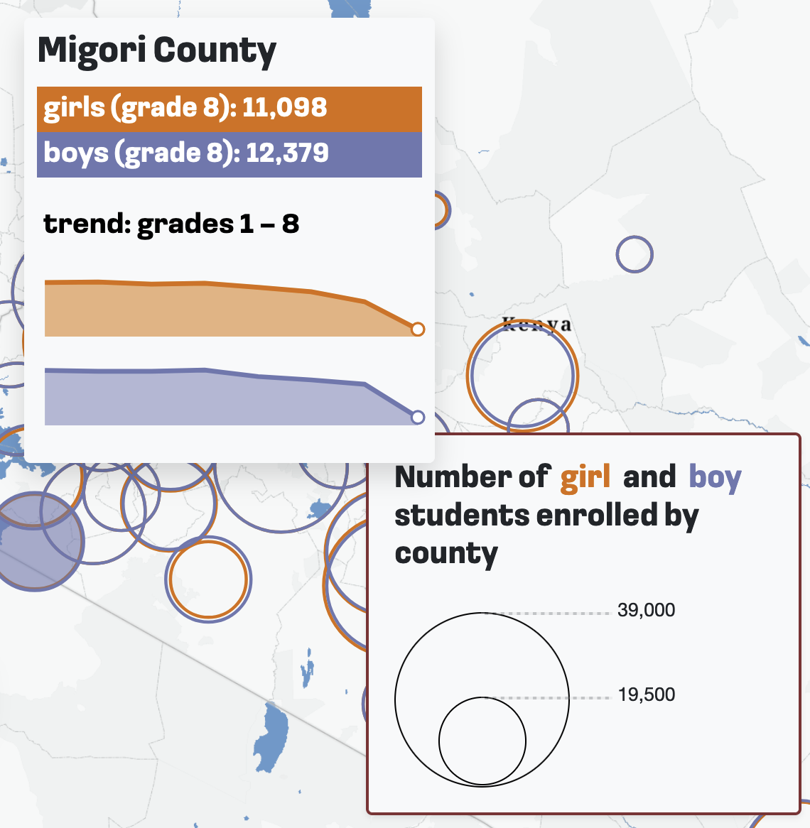 Screenshot of zoomed in map showing circles by size of students enrolled by county. Also shows tooltip showing a trend line for girls vs. boys in grades 1-8. Not easily readable in thumbnail version here.