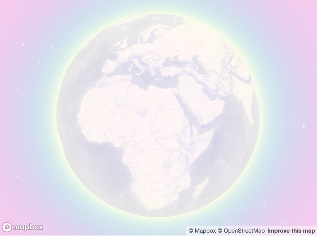 A pastel, glowy Earth. The sky is pink, the earth is white and light purple, and the Earth's atmosphere is glowing yellow and blue.