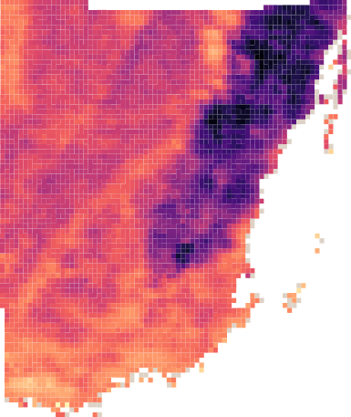 A map of Miami-Dade County showing various color shades on a gradient from light orange to dark purple. The northeast area is byfar the darkest region of the map.