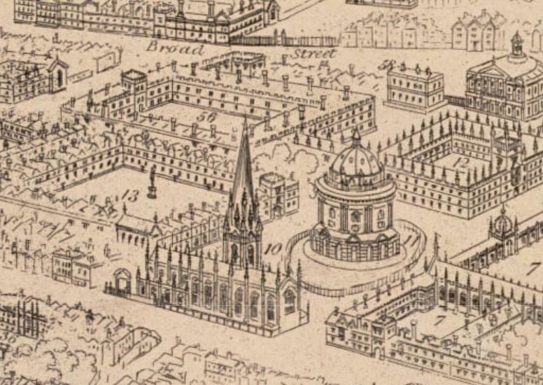 Zoomed in thumbnail from historic map of the city of Oxford, showing concentric Radcliffe Camera library and surrounding area.