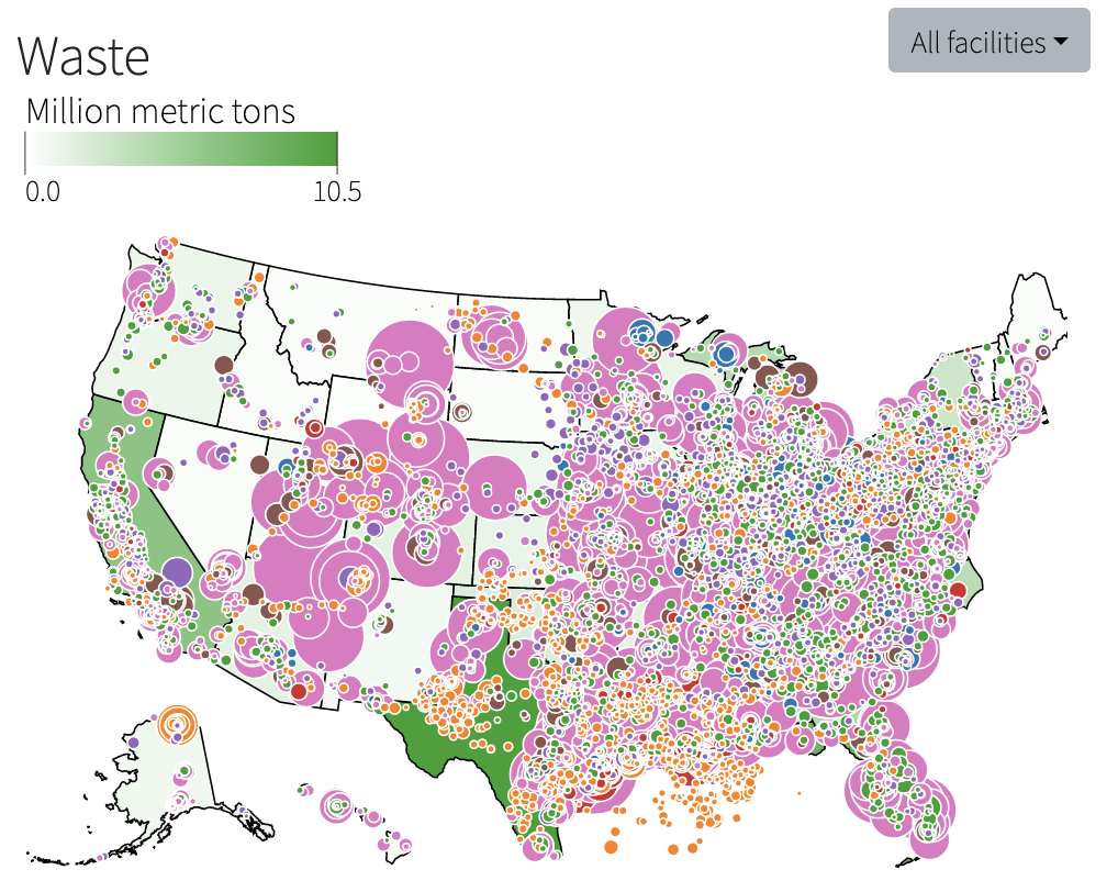 Thumbnail showing a map of the United States, covers in circles of various sizes and colors (mostly pink). States themselves are colored on a scale of white to light green to dark green, depending on millions of metric tons of waste.