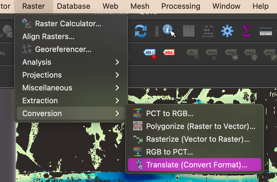 Screenshot from QGIS. From toolbar menu: Click 'Raster', then 'Conversion', then 'Translate(Convert Format)'