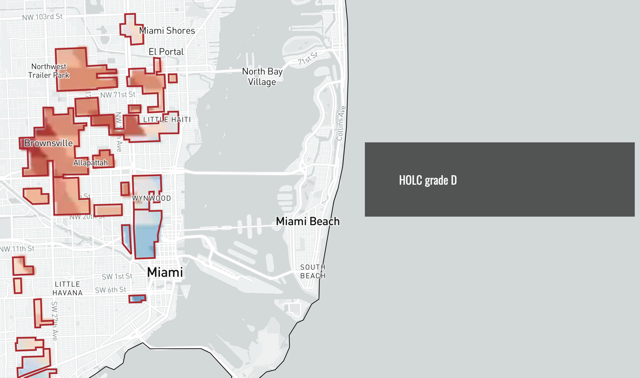 Thumbnail of a map showing a section of coast. Over the water is a textbox that says 'HOLC grade D' and the land regions shows areas outlined with a redline, filled with light blue, light red or dark red (mostly red).