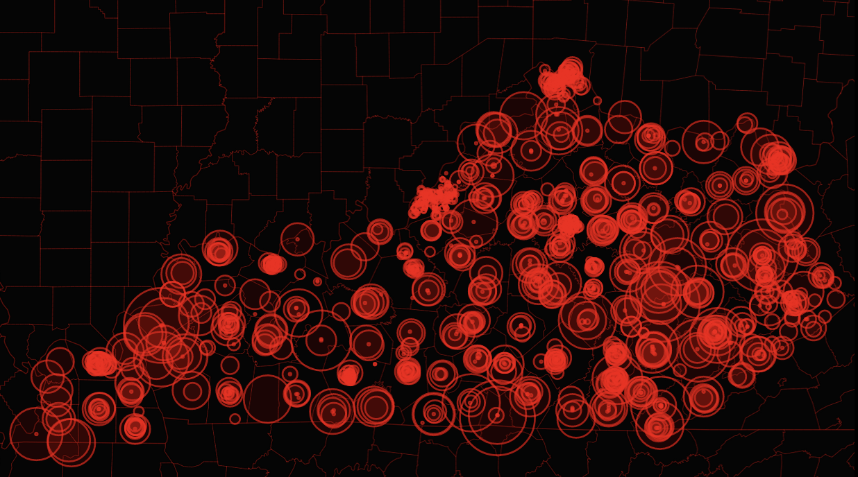 A map of Kentucky made up of red circle outlines of various sizes